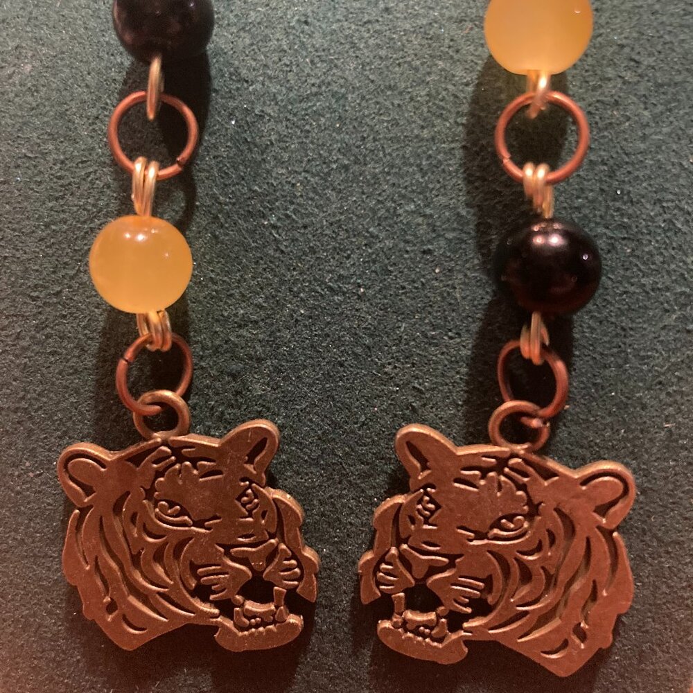 Handmade CC Tiger Inspired Dangle Earrings Bronze